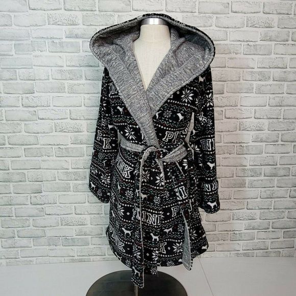 Victorias Secret Pink XS/S Plush Fleece Reversible Fair Isle‎ Hooded Robe - Picture 1 of 8
